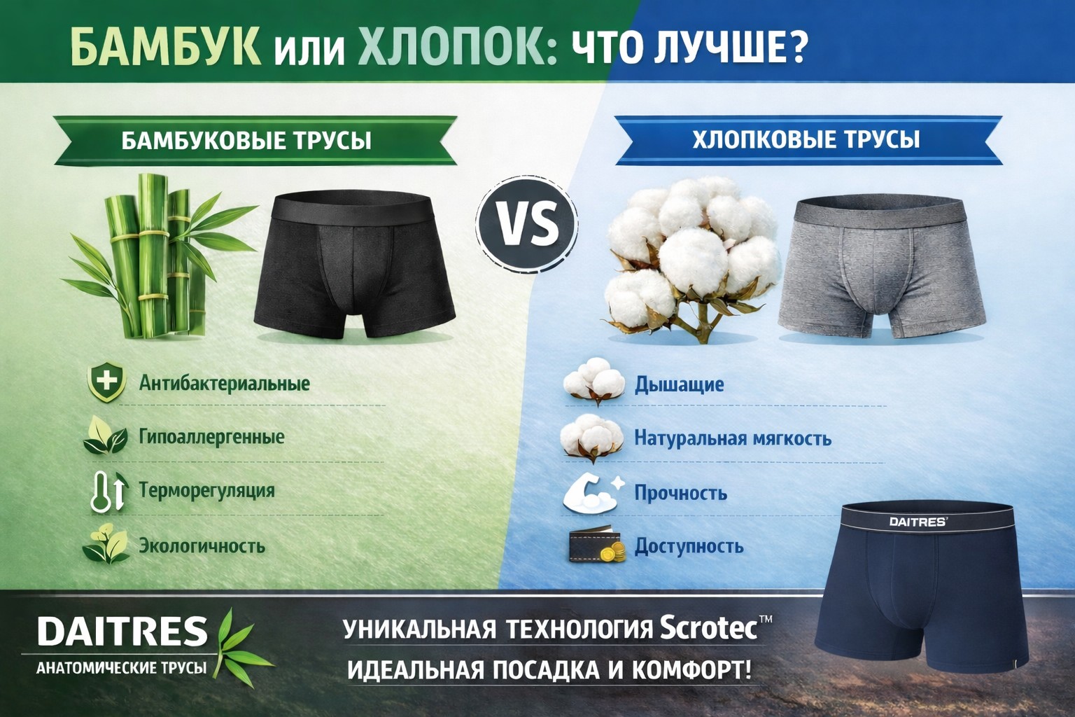 Сравнение мужское белье из бамбука и хлопка